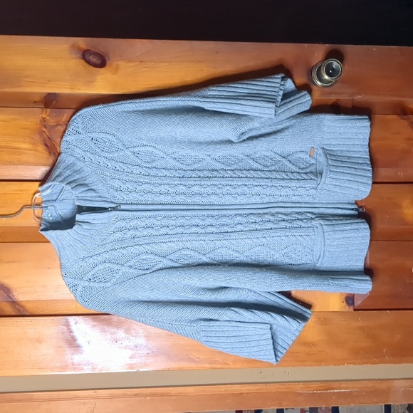 ROOTS* vintage cable knit 2/3n wide sleeve zip front lambswool cardigan sweater - Picture 8 of 13